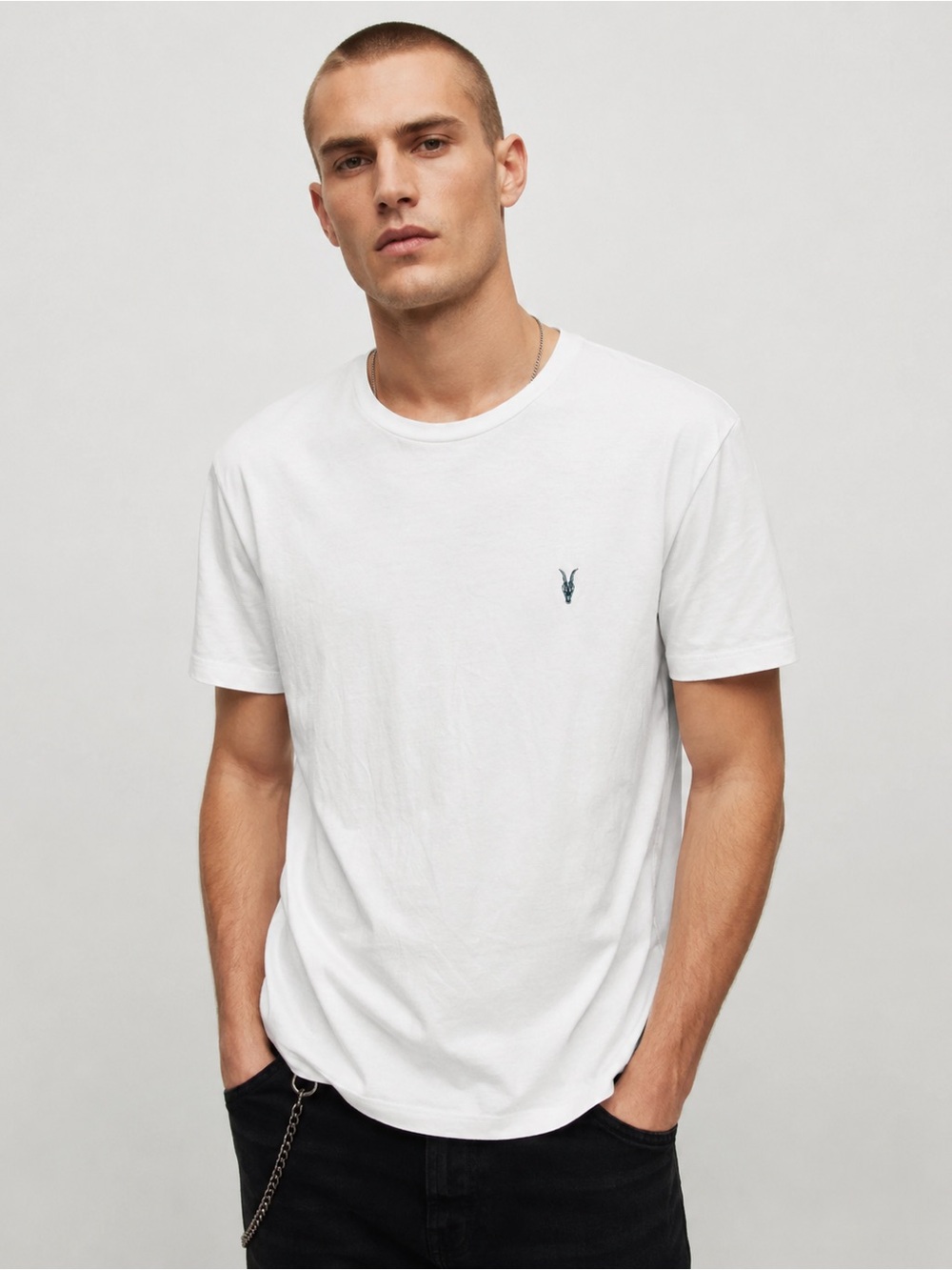 All Saints Men White Crewneck Embroidered Logo Cotton T-Shirt SMALL Luxury